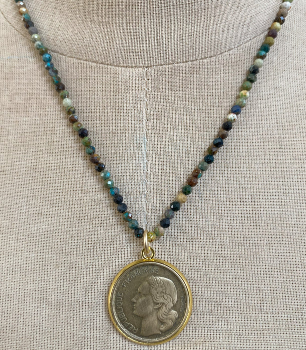 Turquoise Beaded French Coin Necklace